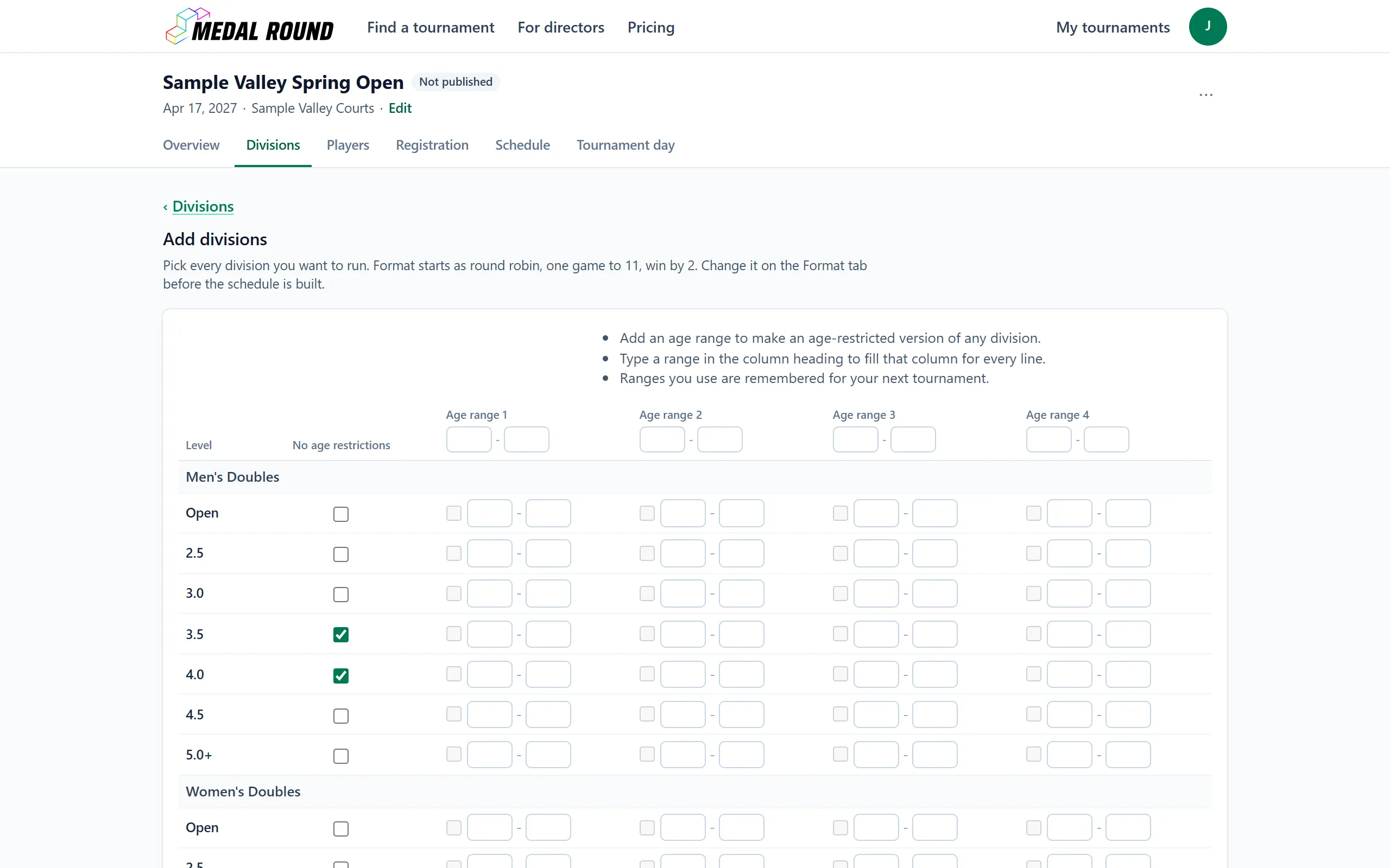 The Add divisions page, a grid with a line for each event and skill level and a box for each division to pick. Two of them are picked.