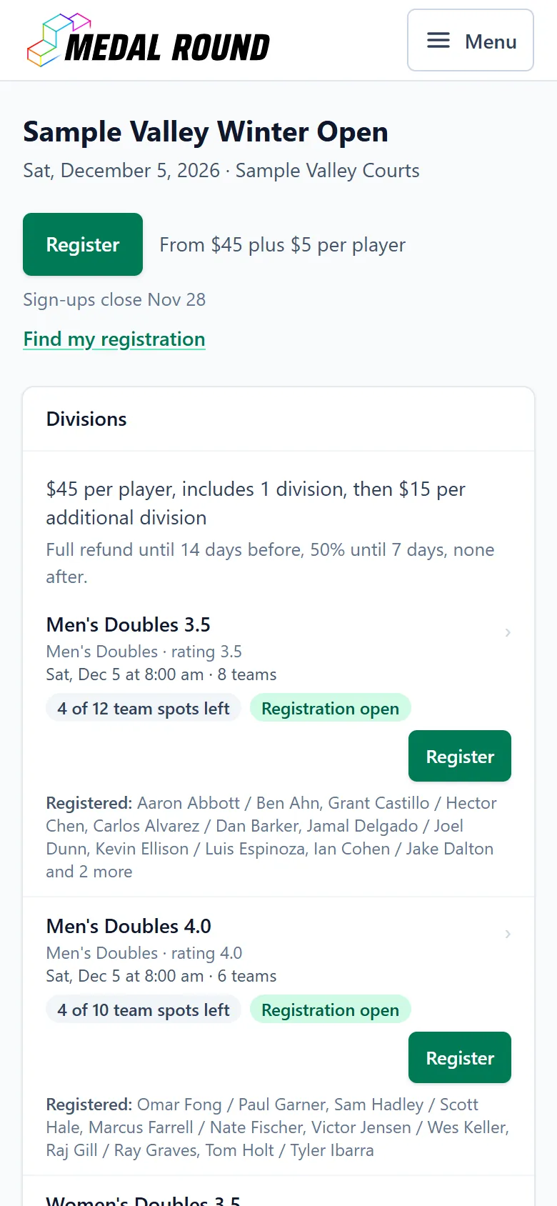 A tournament’s public page on a phone, with its name, date and place, a Register button beside the price, the day sign-ups close, and the price list. Under it, each division shows its level, start time, the team places left and the teams registered so far.